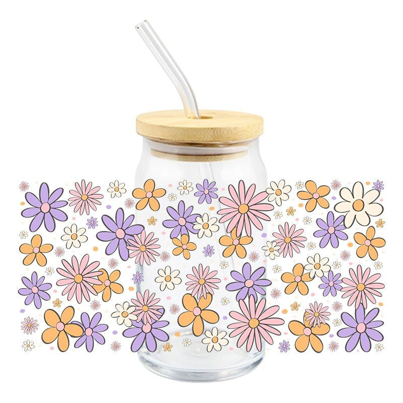 Purple Orange Flowers | UVDTF Can Glass Wrap