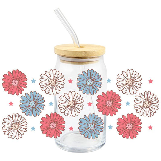Red White Blue Daisies | UV DTF Can Glass Wrap