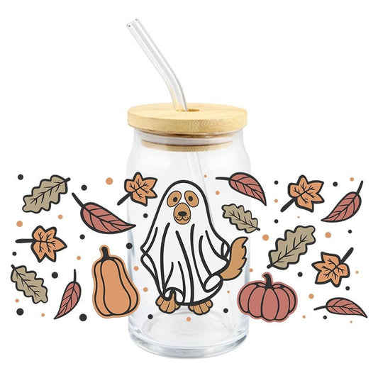 Ghost Dog & Leaves | UVDTF Can Glass Wrap