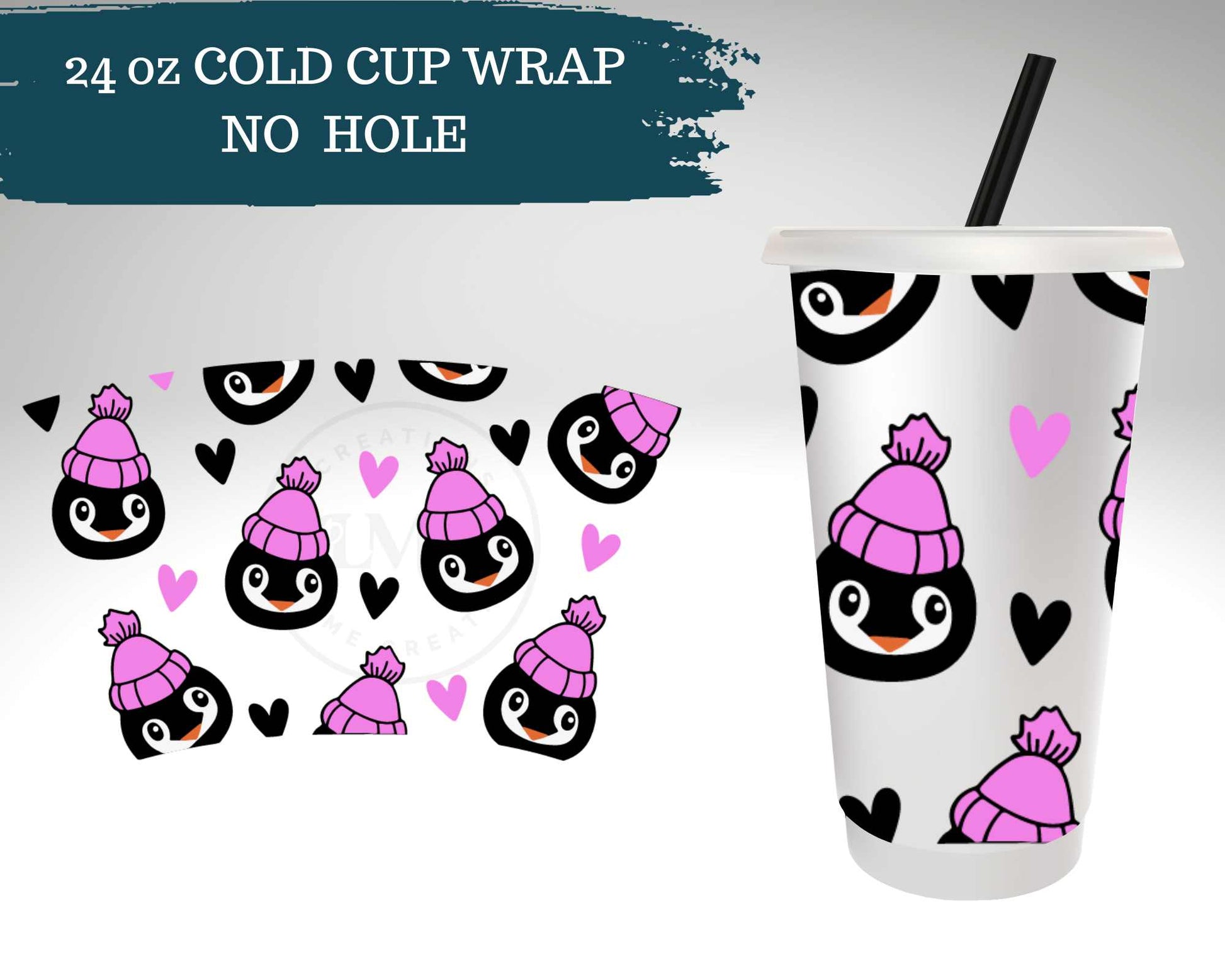 Winter Pink Penguins | NO HOLE | Cold Cup Wrap